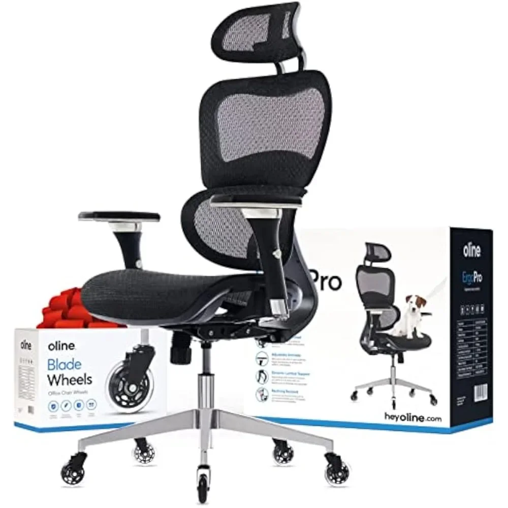 Ergonômico Escritório Rolling Desk Chair, Braço Ajustável 4D, Suporte Lombar 3D, Rodas De Lâmina