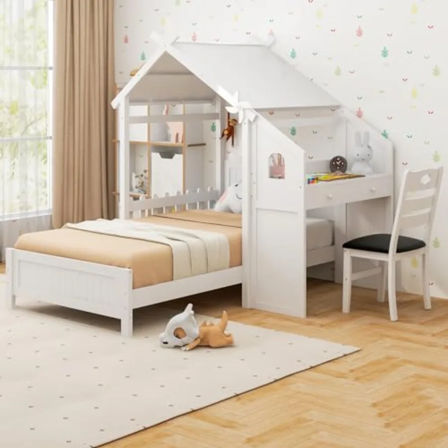 

Twin House Bed with Desk Chair for Teens, Wood, White, Includes 2 Drawers Windmill Fence Headboard No Box Spring Needed