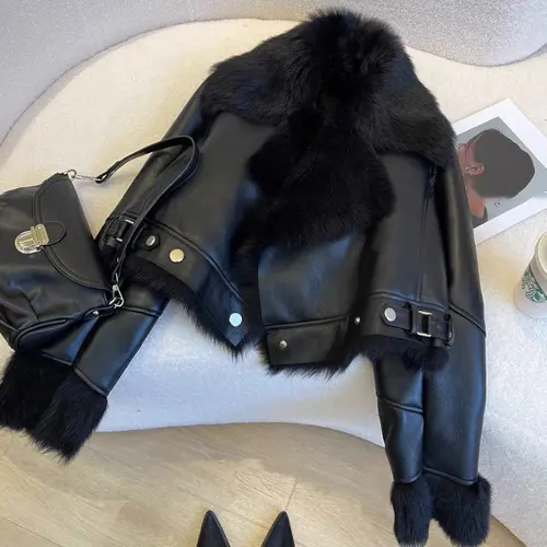 Faux PU Leather Coats Women Fur Collar Coat Thick Warm Short Jackets 2025 Streetwear Button Open Stitch Jacket Autumn Winter - Image 5