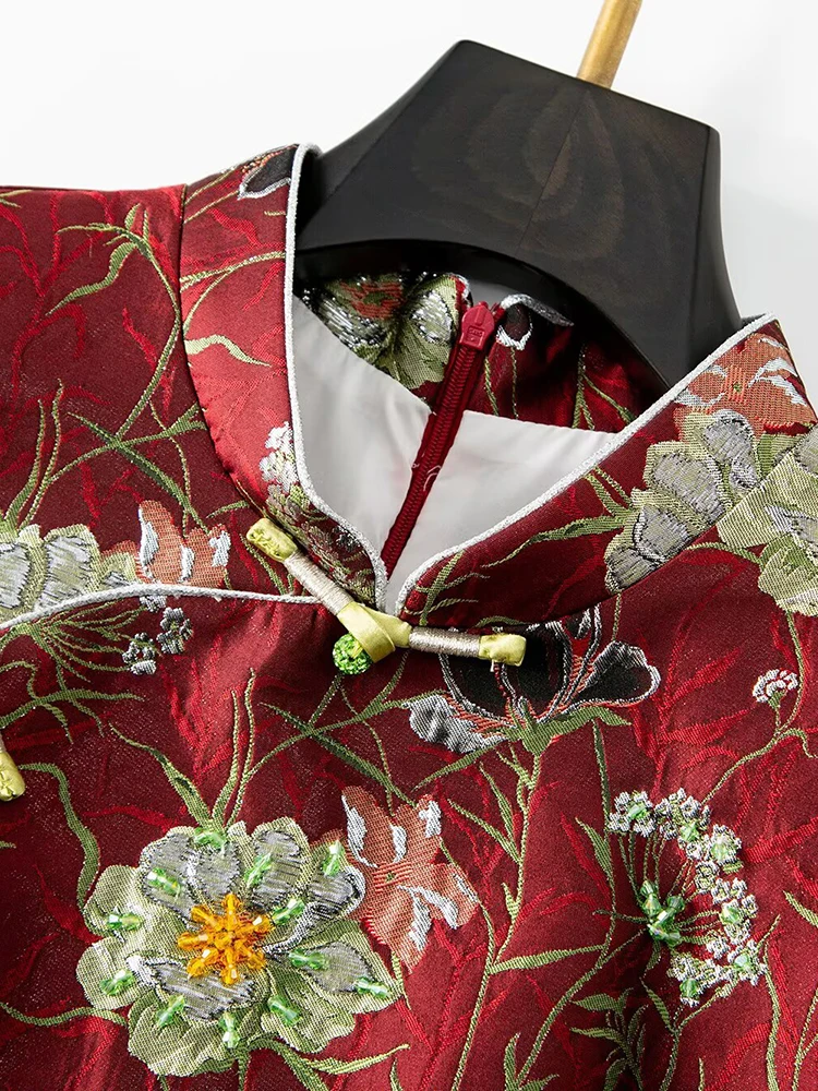 DSFACAIRIJ Beading Jacquard Dress For Women Stand Collar Sleeveless Chinese Style  Discoid Button Tank Dresses Summer Female