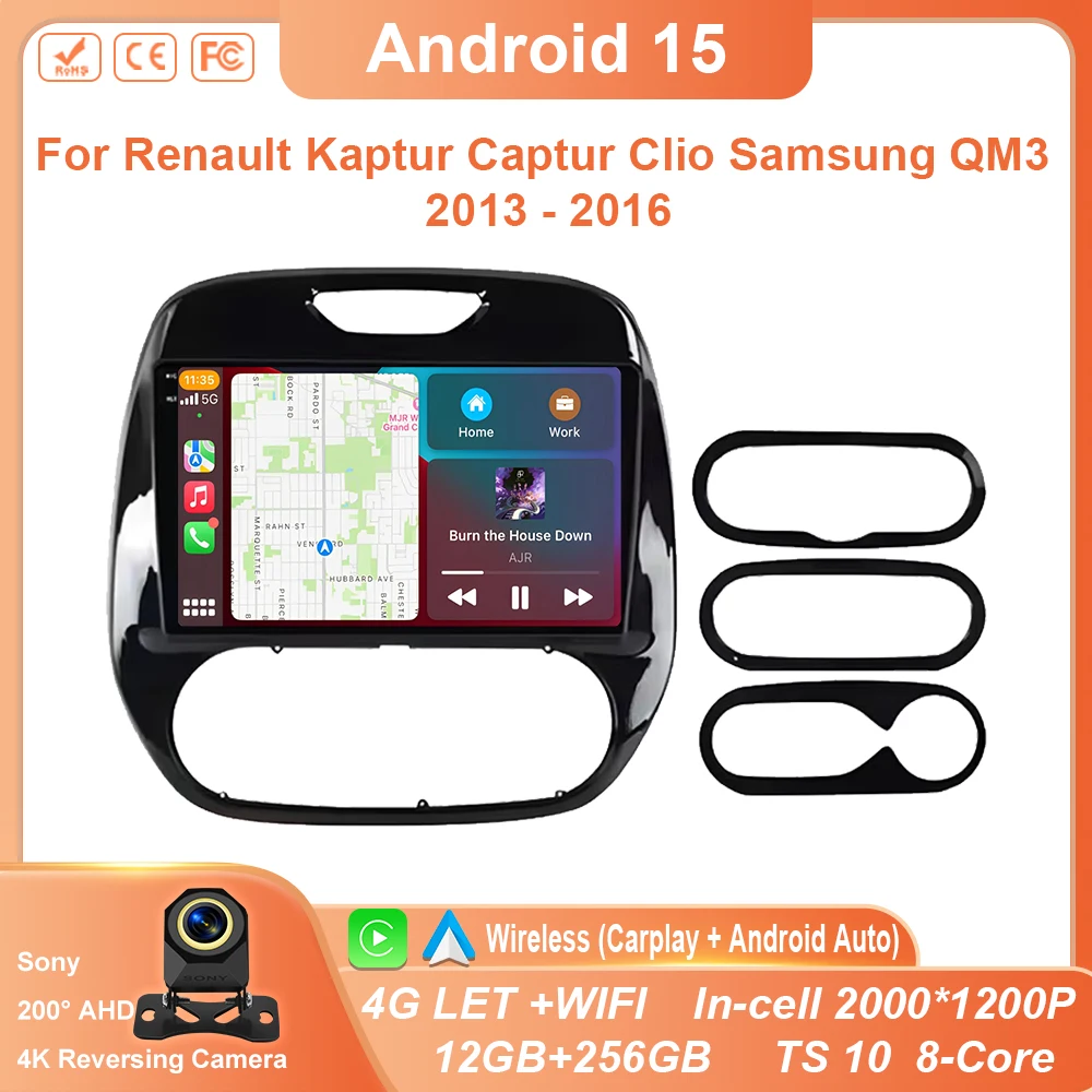 

CarPlay Android 15 For Renault Kaptur Captur Clio Samsung QM3 2013 2014 2015 2016 Navigation GPS BT 4G WIFI QLED Screen No 2din
