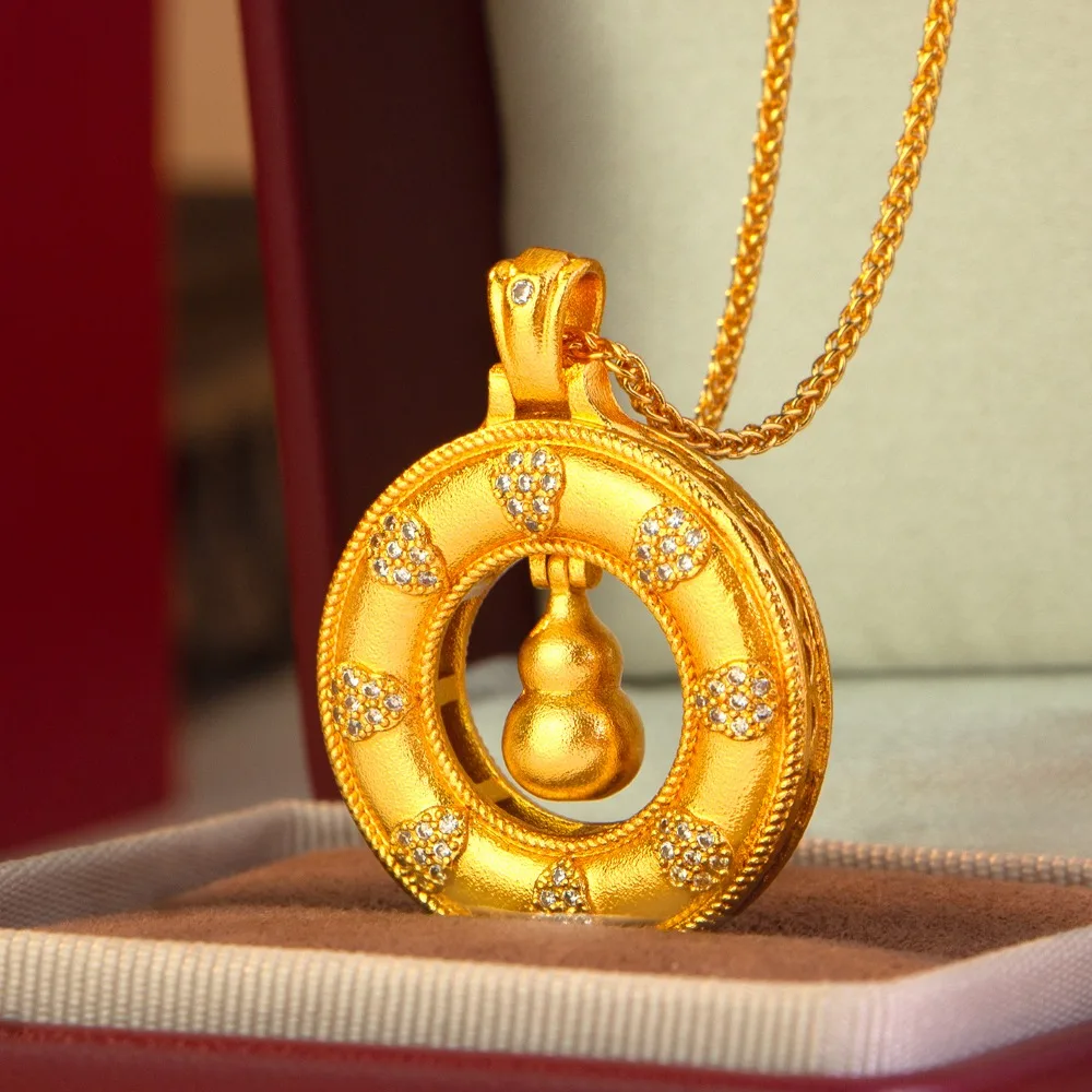 Hollow-out set with diamond gourd pendant retro palace style Fu Lu necklace 9999gold