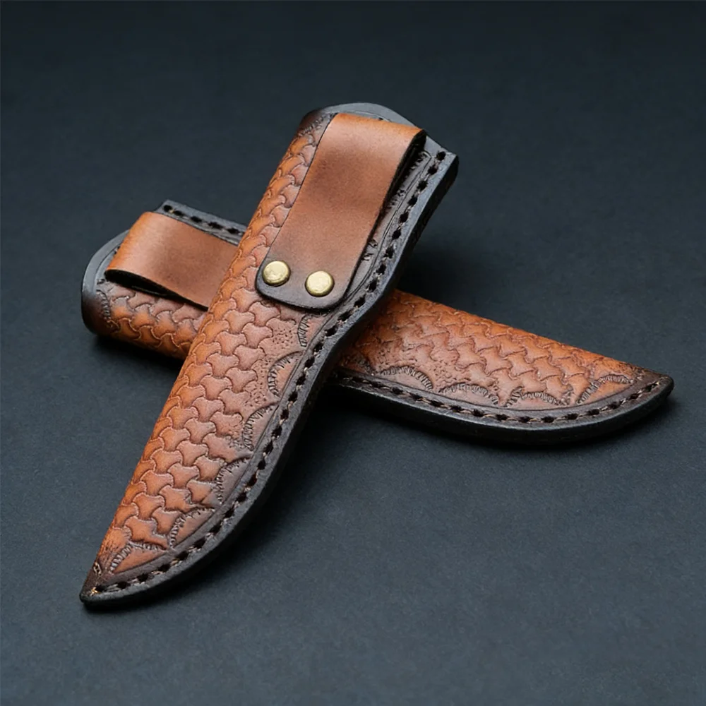 18CM Embossed Cowhide Leather Sheath Top‑Grade Solid Holster Belt Buckle for Fixed‑Blade Knives