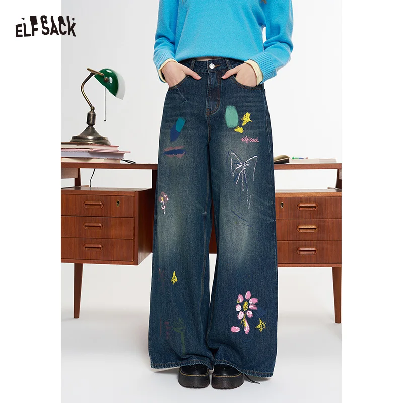 ELFSACK Women Y2K Wide‑Leg Denim Jeans, High‑Waist Baggy Pants with Hand‑Drawn Floral Graphic Print for Daily Outfit