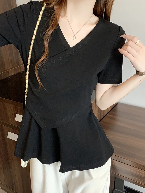 

Ele V-Ne ort Sve T-irt Women's plus Size Summer Slim Fit Asymmetrical Korean Sle Casual Top