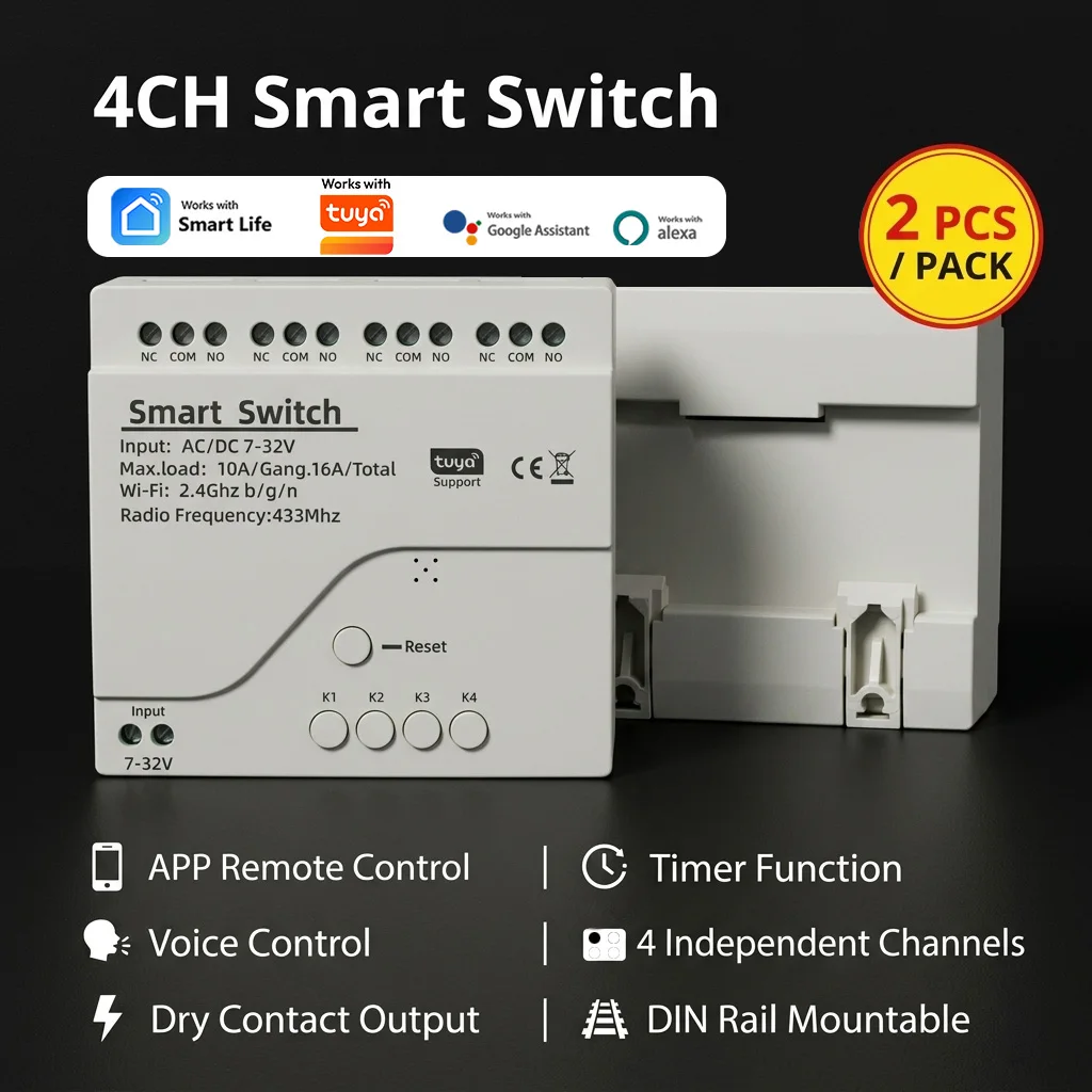 2X Retrofit Automation Module Smart Wifi Switch 4 Way Timer Relay Remote Control for Motor Light Fan Lamp Works With Tuya Alexa