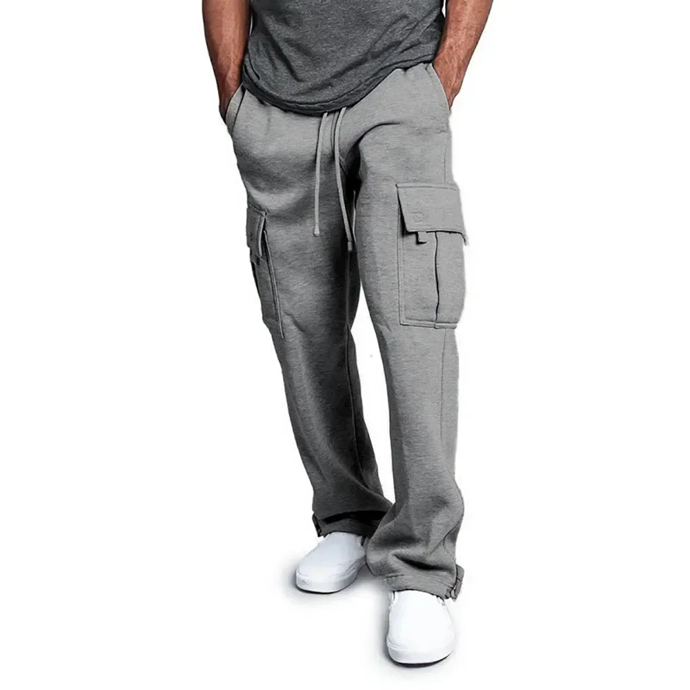 

Men's Fleece Sweatpants Solid Color Multi-pocket Cargo Pants Loose Casual Straight-leg Overalls Male Streetwear Sportwear Pants