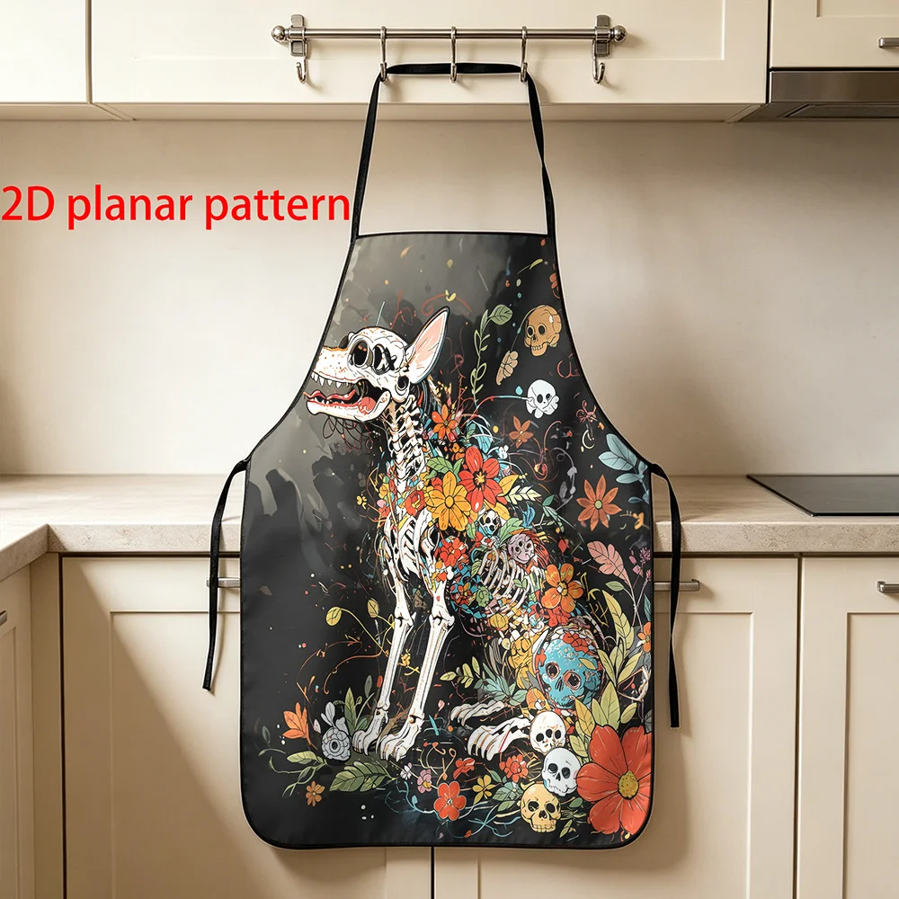 1pc, Skeleton Dog Flower ApronKitchen Apron, Suitable For Grilling, Hairdressing, Baking, And Many Other Uses. Artistic Apron.