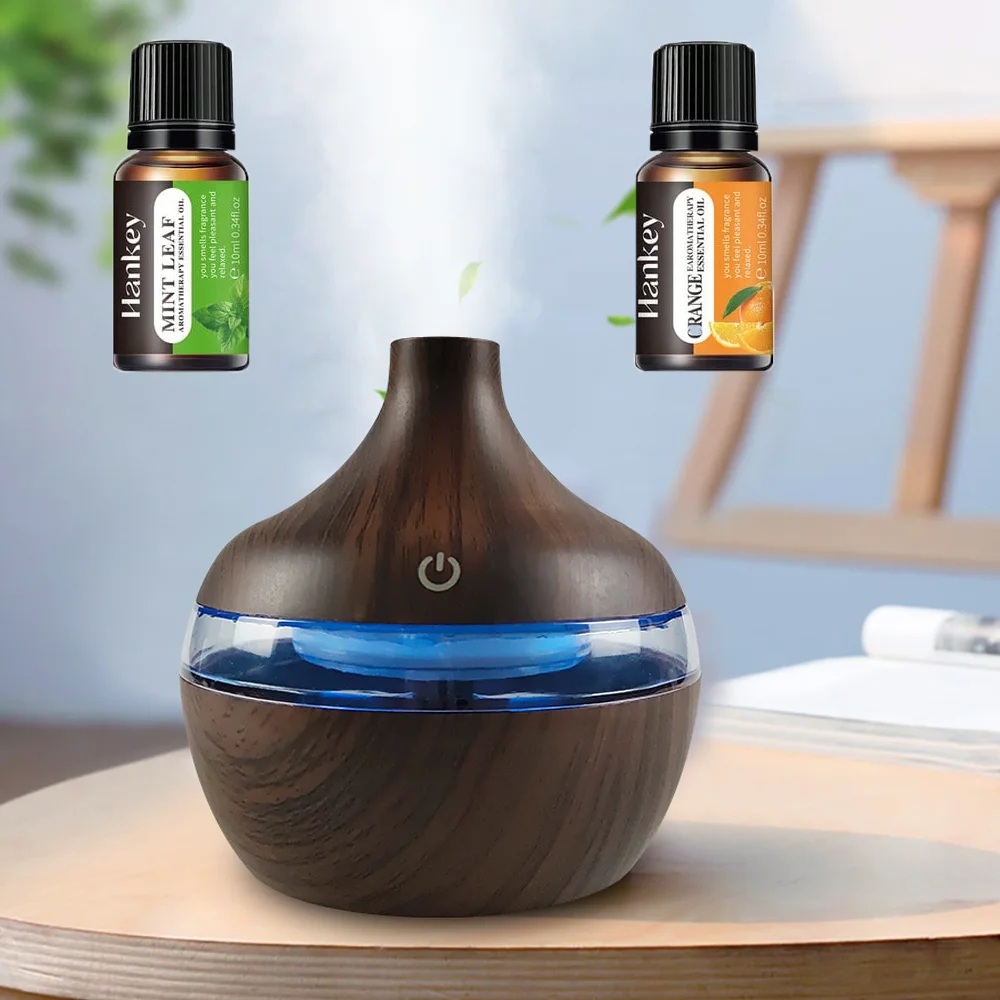 

Modern Wood Grain USB Humidifier 300ml Aromatherapy Diffuser with Auto Shut-Off 2 Essential Oils Included Home Air Care