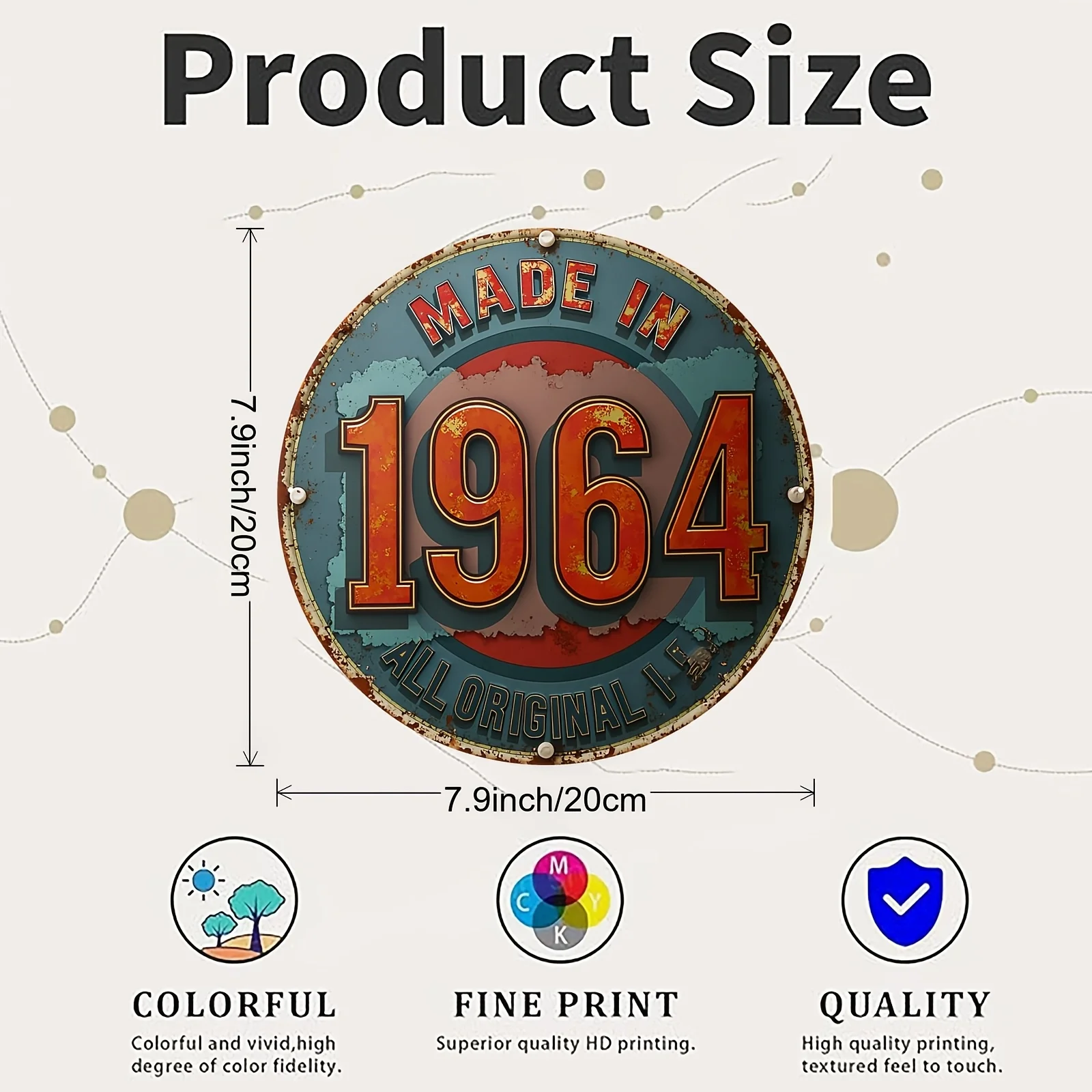 2D Flat - 1pc Vintage Aluminum Sign | 1964 Birth Year Decorative Round Metal Sign, 8*8in, Wall Hanging, Multipurpose Room Decor,