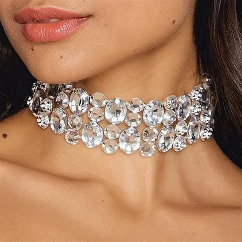 1Pcs Simple Fashion Large Rhinestone Geometric Multi Row Necklace Irregular Crystal Collar Necklace Party Jewelry for Women