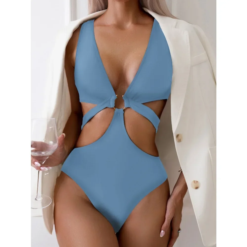 2024 Swimsuit For Women Backless Sexy V Neck Hollow Push Up Swimwear High Waist Halter Tied One Piece Bathing Suit