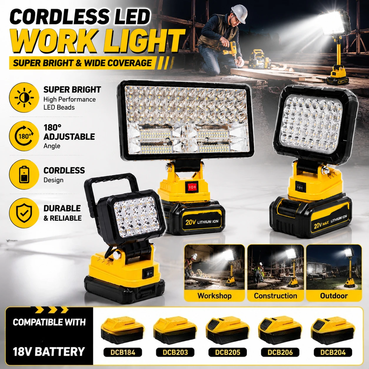 8 Inch Portable LED Work Light for Dewalt 18V Battery Cordless Floodlight USB Output Electric Torch Light for Camping Outdoor