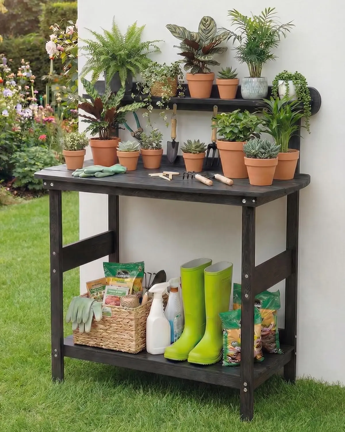 Outdoor Potting Bench Table with 3-Tier Storage HIPS Gardening Workstation Curved Edges All Weather Heavy Duty Planting Bench for Patio Backyard Garden, Black