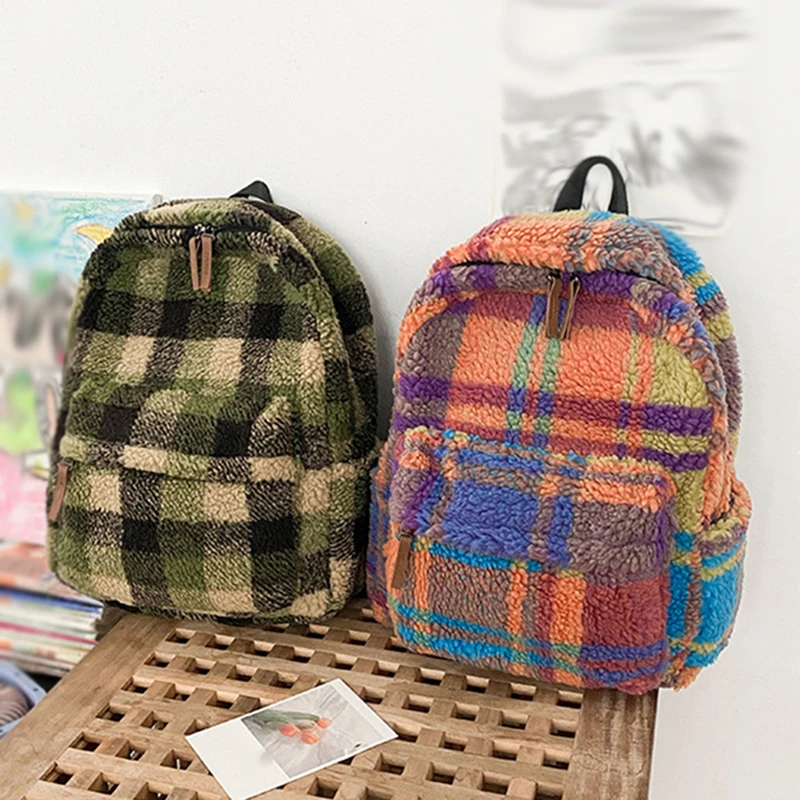 Fluffy Backpack Large Capacity Daypack Multi-Pocket Laptop Pack Winter Soft pack Women Plush School Backpack Vintage Plaid Bag