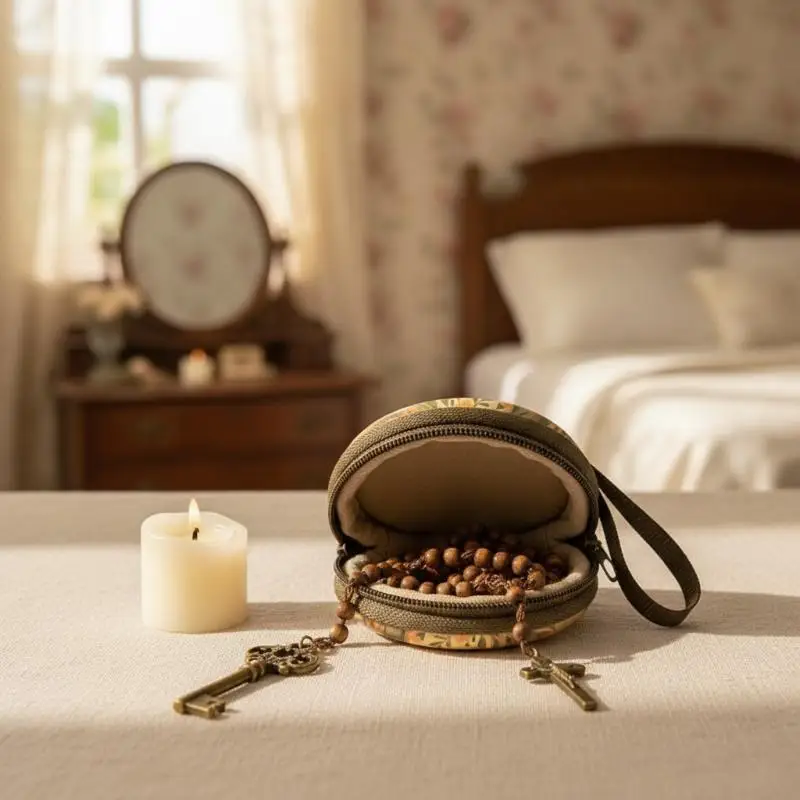 

Prayer Rosary Storage Bag Iron Artwork Zippered Religious Articles Round Elegant Jewelry Necklace Box, And Coin Purse