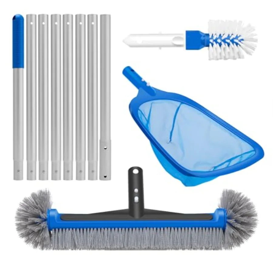 

4-in-1 Deluxe Pool Cleaning Kit with 10ft Adjustable Pole for Inground Above Ground Pools Fine Mesh Skimmer Net in Blue Swimmin