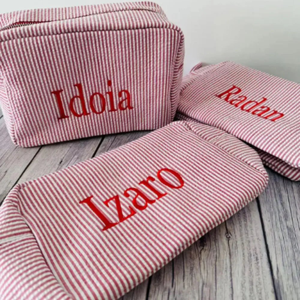 

Personalized Red Cosmetic Bag, Seersucker Cosmetic Bag, Bridesmaid Gift, Monogram Cosmetic Pouch, Birthday Bag, Gift For Her