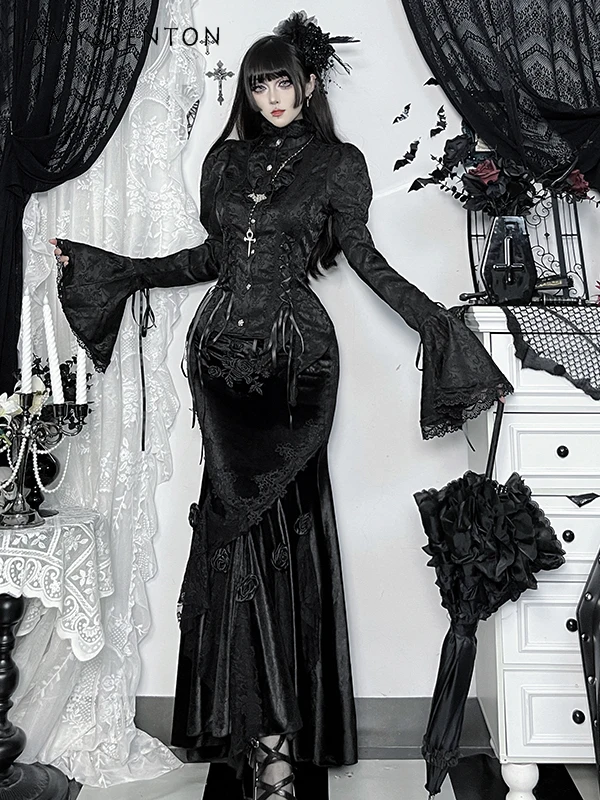 Gótico escuro retro tribunal estilo medieval lolita define subcultura estilo punk impresso gola camisa de cintura alta saia rabo de peixe