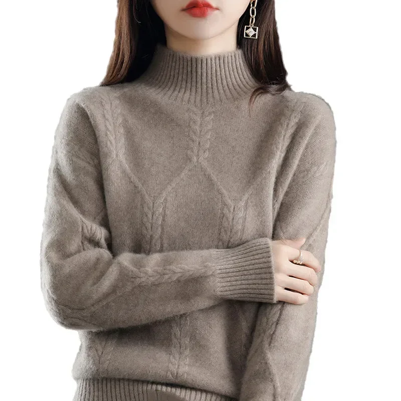 Wool Sweater Women\'s Half-Neck Pullover Loose Knit Bottoming Shirt Autumn Winter Long Sleeves Soft Cashmere Sweater Korean Tops