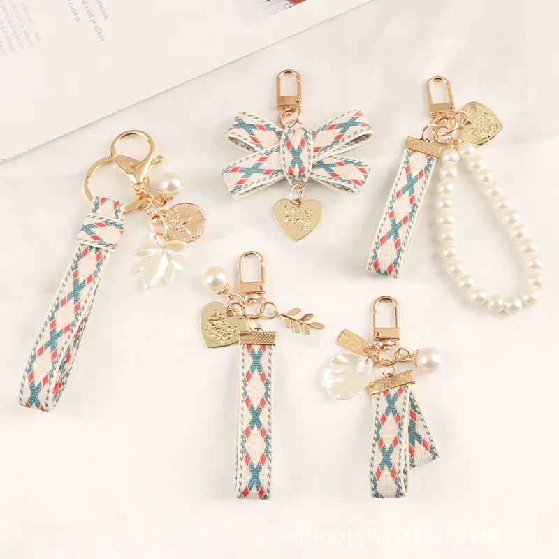 New Small Fresh Ribbon Alloy Keychain Pendant Classic Fashion Striped Cloth Imitation Pearl Love Car Key Ring K5165