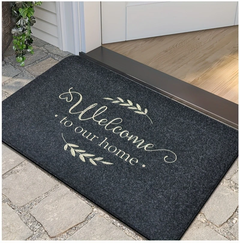 A Black Embroidered Flannel Doormat. New embroidery, Suitable for Indoor and Outdoor Decoration. Can Be Used as A Full Door Carpet, Mud Scraping Foot Pad, and anti Slip Pad. It Is an Ideal Choice for Home Decoration.