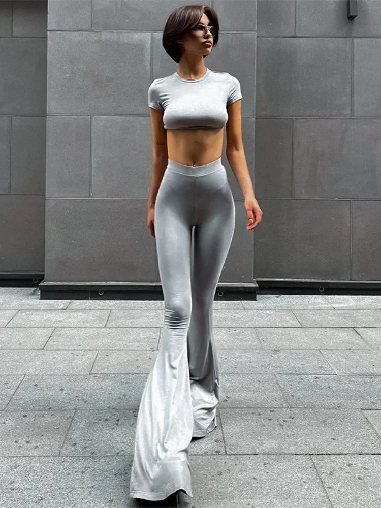 Gray Two Piece Sets Womens Outifits O-Neck Ensemble Femme 2 Pièces High Waist Conjunto Femenino Short Sleeve Crop Top Long Pants