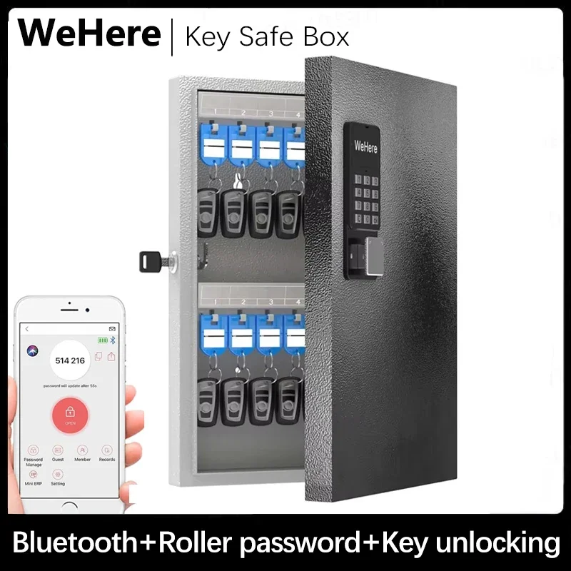 

WeHere 32 Key Safe Box, Intelligent Wall Mounted Key Storage Cabinet,OTP/APP Bluetooth/fixed Code Unlocking Key Management Safe