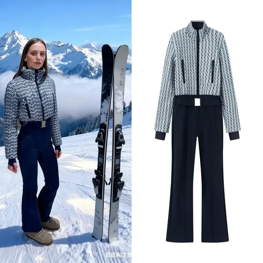 

Women's Casual Fashion Jumpsuit Winter Warm Versatile Sportswear Belt Ski Cotton Padded Jacket Zipper High Neck Pocket Pants