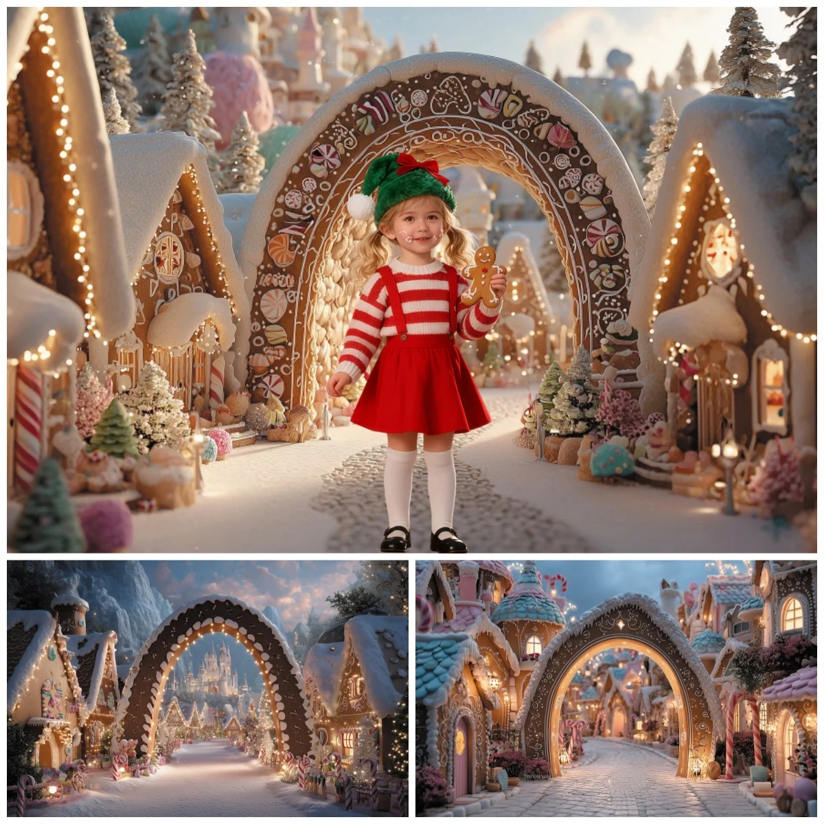 

Christmas Gingerbread House Backdrops Candy Arch Snow Decor For Kids Family Photo Studio Holiday Party Photography Background