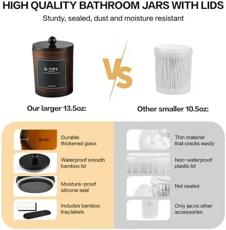 

Набор из 3 янтарных стеклянных банок для хранения в ванной комнате с крышками – органайзер для ватных шариков, палочек и зубной нити с подносом