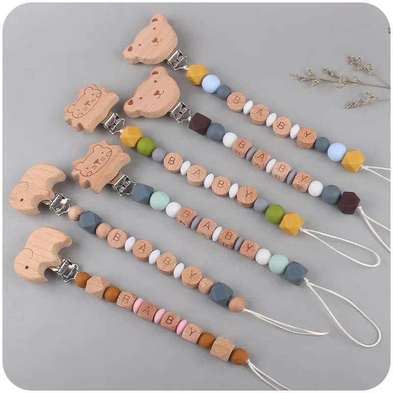 Baby Pacifier Clips DIY Personalized Name Wood Cartoon Animal Bear Lion Silicone Teethers Dummy Nipple Holder Anti-drop Chains