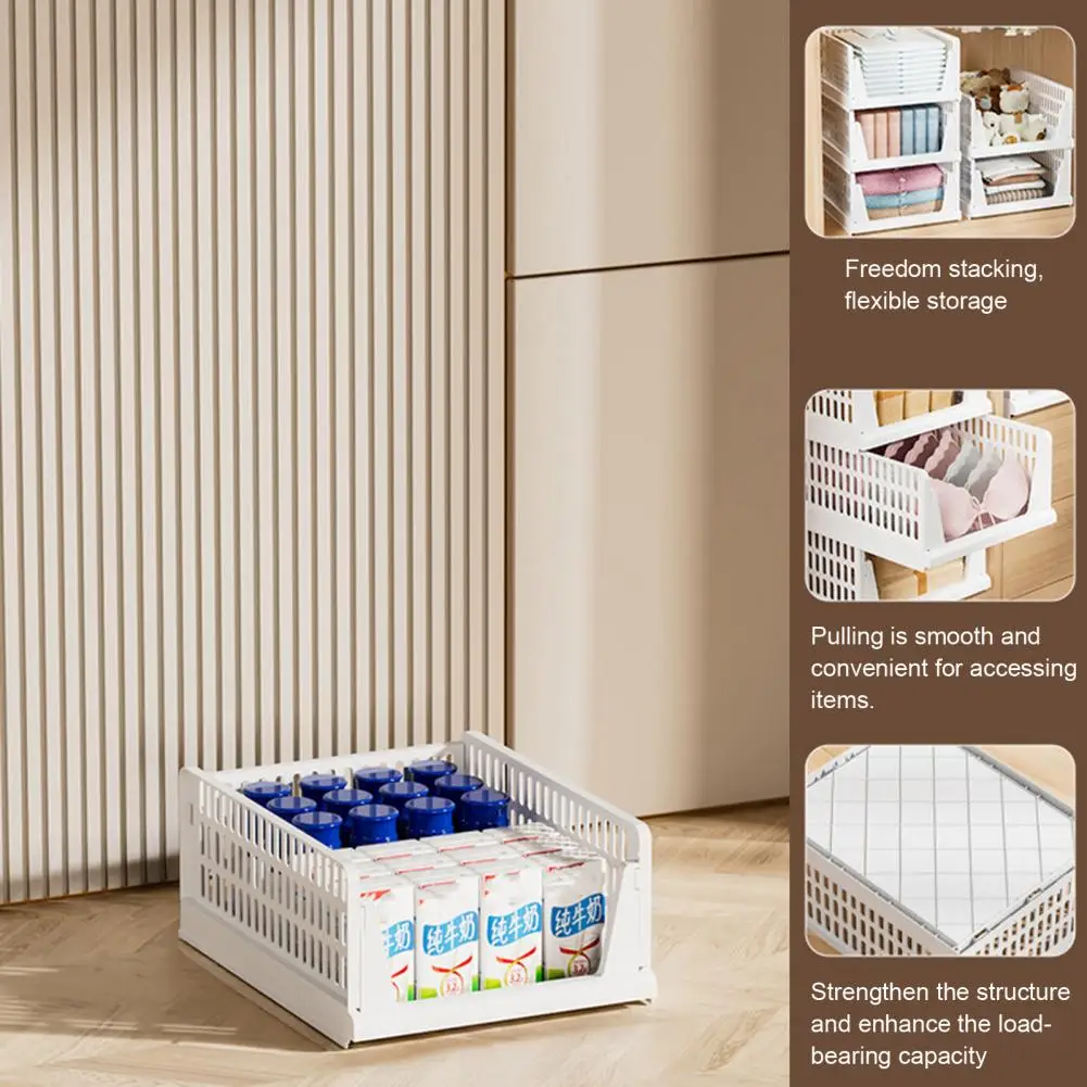 Smooth Pull-out Drawer Foldable Storage Basket Stackable Plastic Storage Drawers Foldable Multi-purpose Storage for Bedroom