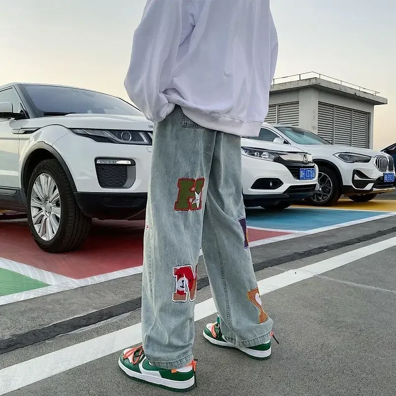 Trousers Straight Hip Hop Man Cowboy Pants Graphic Men's Jeans Korean Style Spring Autumn 2024 Comfortable Original Washed Xs