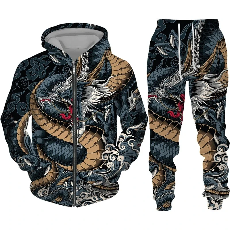 

3D Dragon Printed Zip Hoodie + Pants Suit Cool Men/Women 2 Pcs Sportwear Tracksuit Set Autumn and Winter Men's Clothing