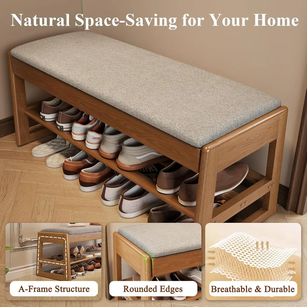 Banco de zapatero de madera de 2 niveles acolchado de algodón y lino: capacidad de 550 libras, diseño elegante y moderno para entradas y pasillos