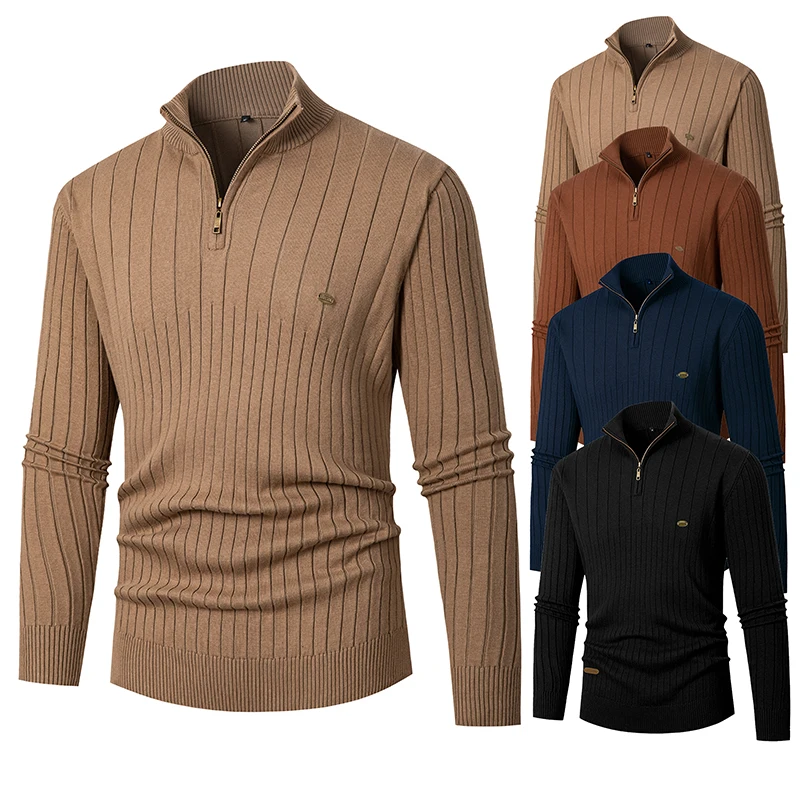 Pullover Autumn Winter Men's Warm Knitted Sweater Stand Collar Solid Turtleneck Half Zip Casual Tops ropa hombre