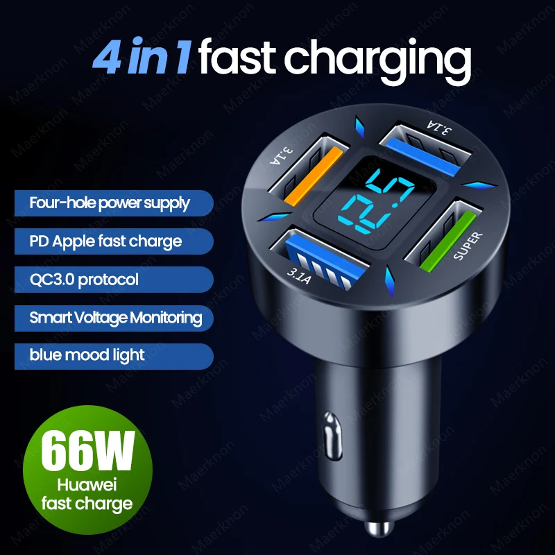 66W Car Charger PD Type C Fast Charging Car Phone Charger Adapter For iPhone 16 Xiaomi Samsung 4 Ports USB C Quick Charge In Car