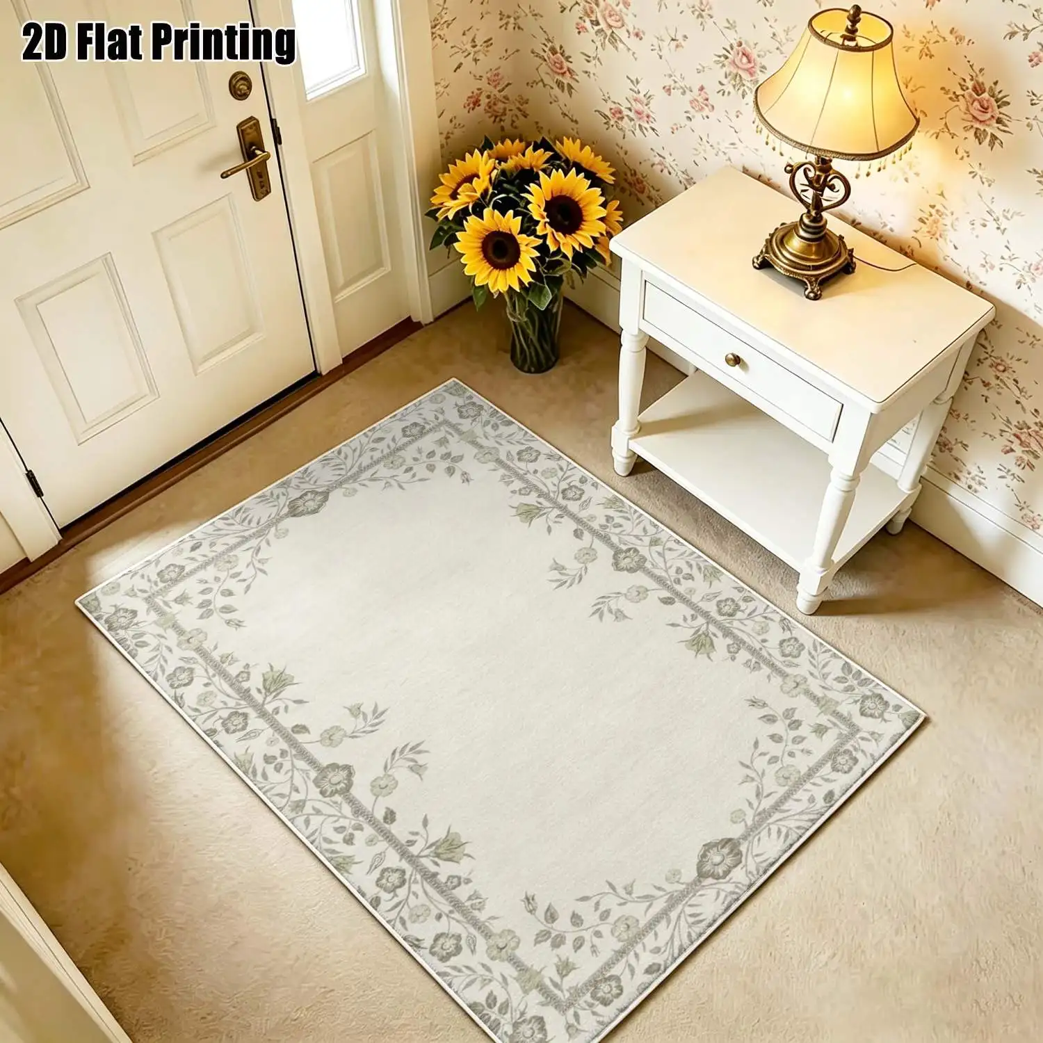 1Pc 2D Printed Carpet, Beige Floral Border, Vintage/Modern Minimalist/Instagram Style, Multi-Size, Machine Washable, for Entrance/Dining Room/Bedroom/Living Room Home Decor