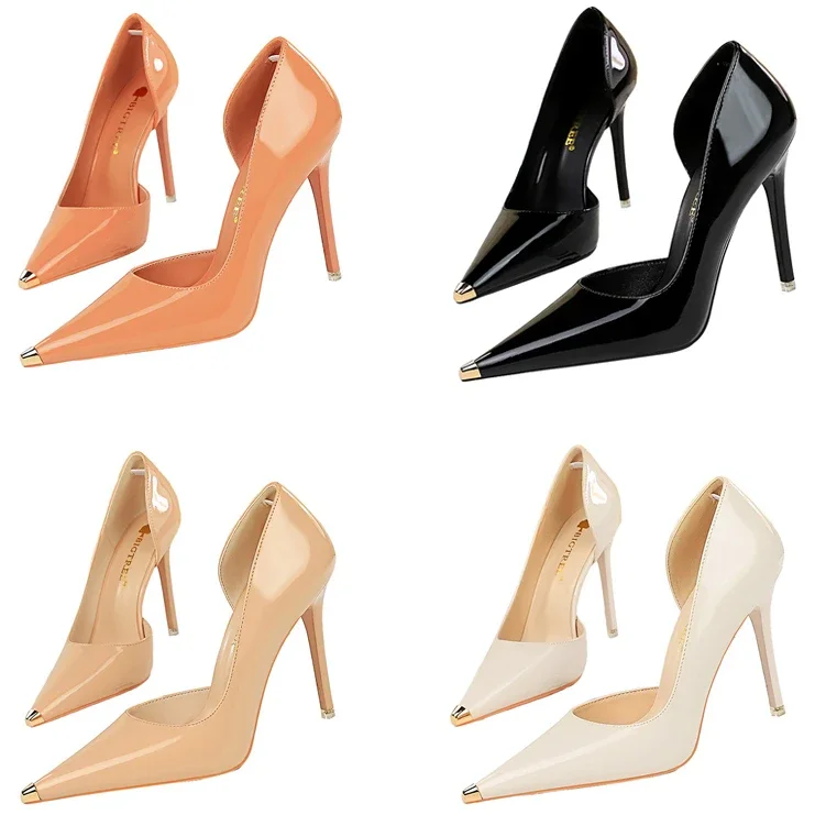 Women Classic 7cm 10.5cm High Heels Sexy Club Metal Cap Toe Pumps Lady Fashion Orange Red Kitten Low Heels Glossy Leather Shoes