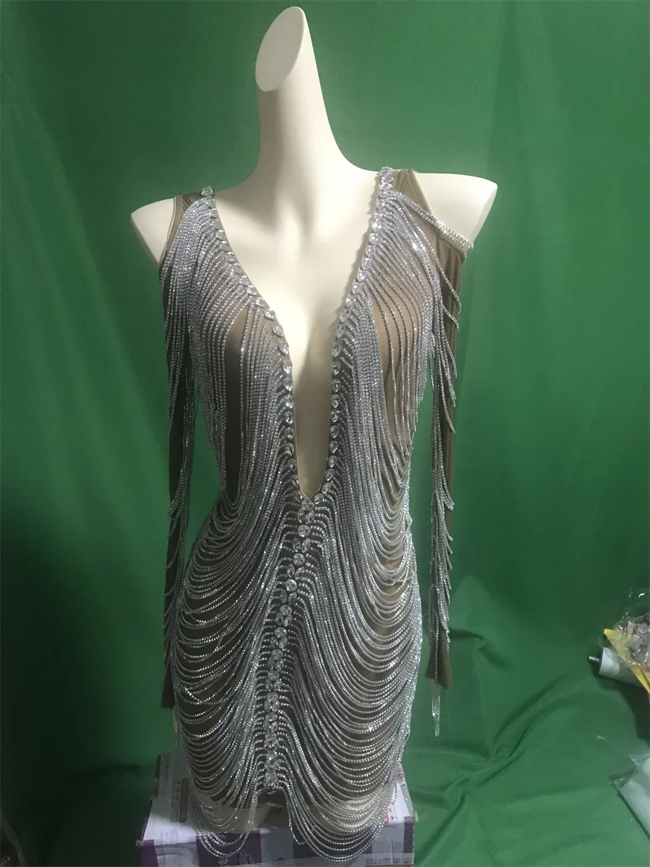 Sparkly Luxury Rhinestone Women Birthday Party Dress Chain Night Out Club Costume Festival Performance Wear Drag Queen Outfit