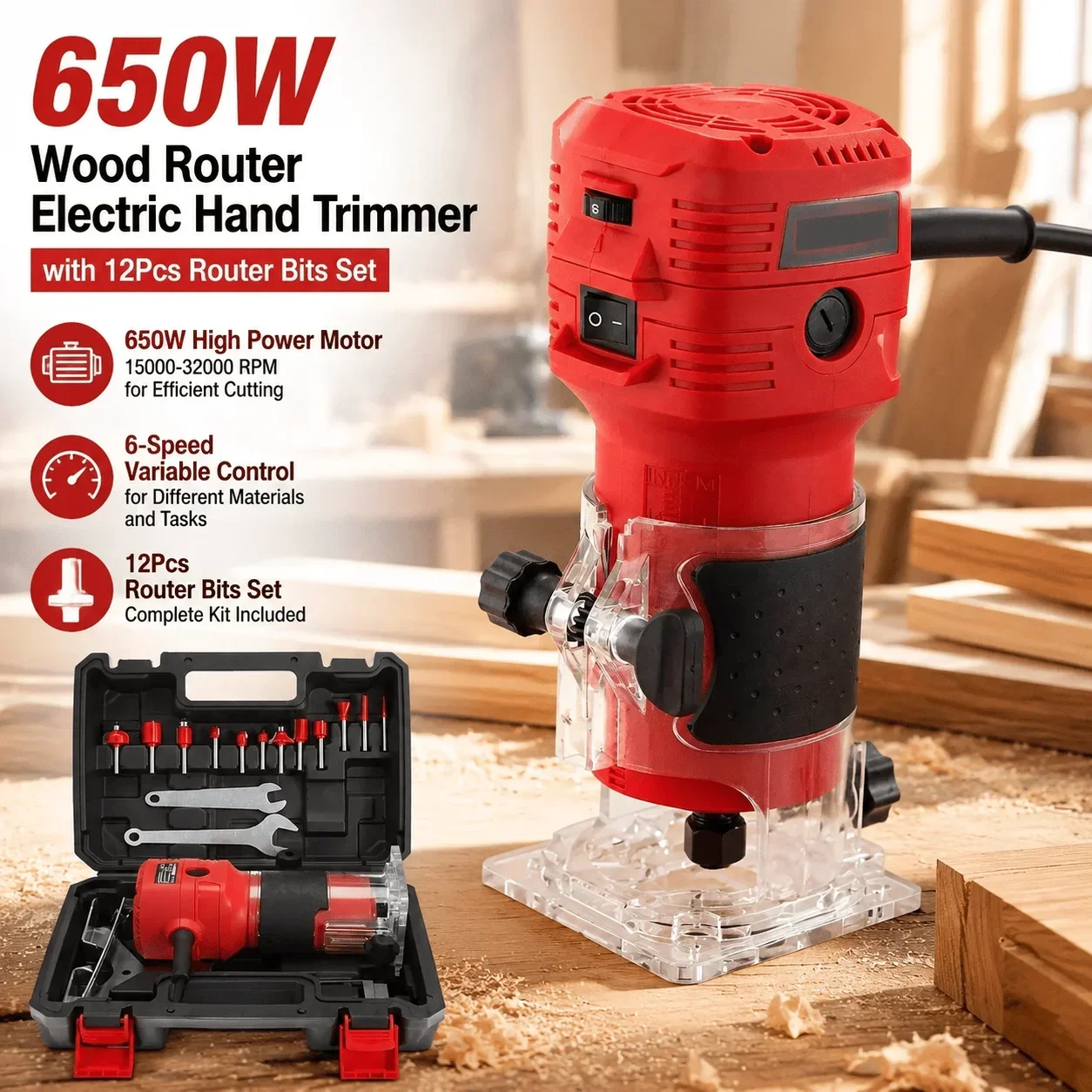 Wood Router Palm 650W Electric Hand Trimmer With 12Pcs Router Bits Set 6 Speed Variable Control Compact Ergonomic Design Tool Free Depth Adjustment Pro High Power Motor Wood Milling Machine Mini Compact For Woodworking Laminate Edge Trimming Carving DIY