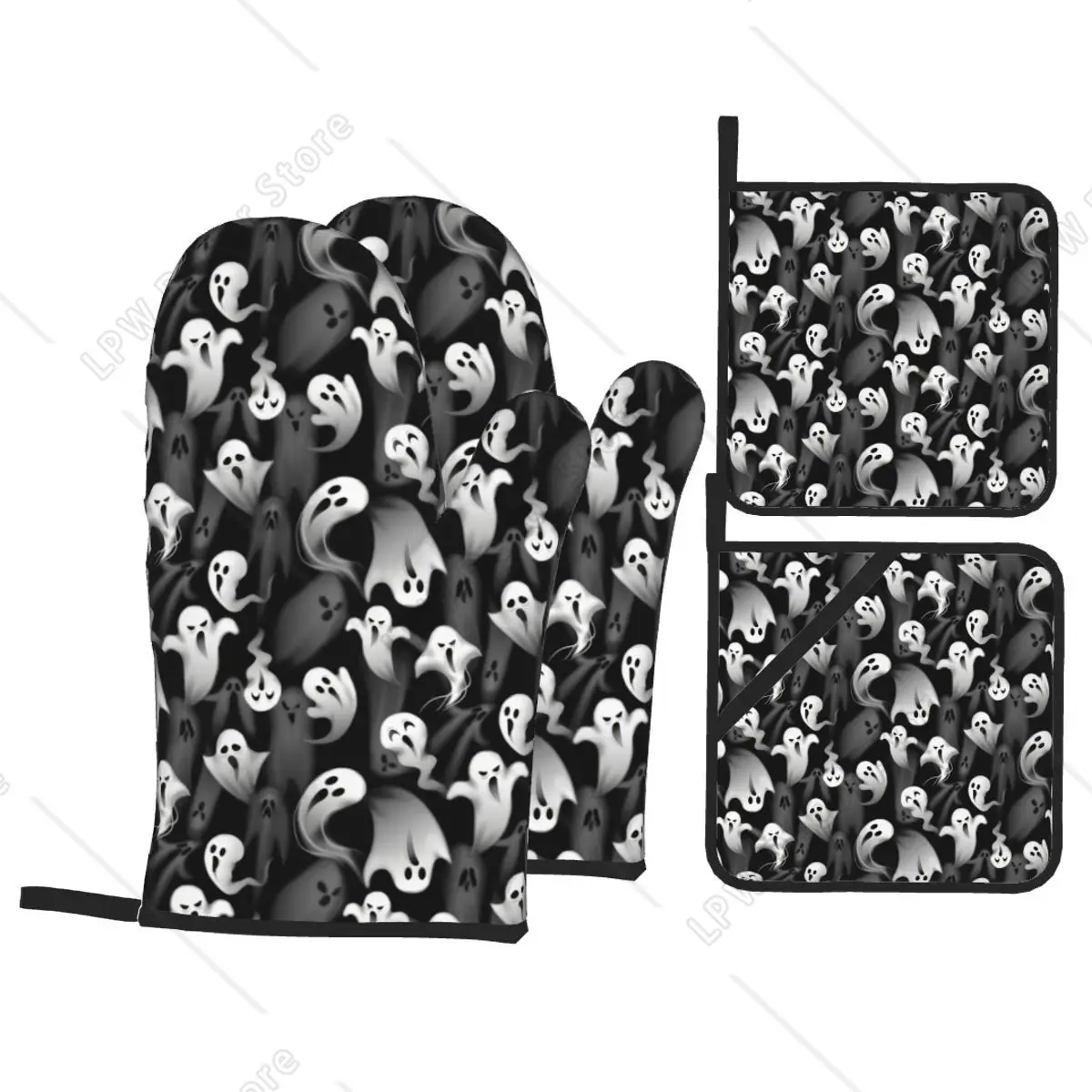 Custom Halloween Ghost Oven Mitts and Pot Holders Sets of 4 Heat Resistant Kitchen Gloves Potholders for Cooking Baking Grilling