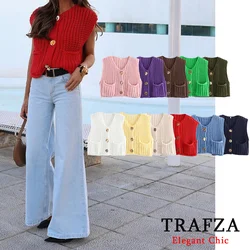 TRAFZA Casual Loose Solid Plain Knit Sweater Vest Women's Solid Vest New 2024 Autumn Winter Fasion Lazy Basic Sweater Vest