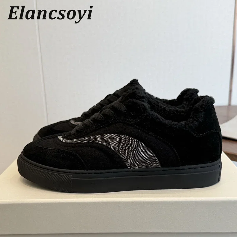 Sneakers Women's Suede String Bead Round Toe Lace Up Flat Shoes Winter Real Wool Lining Warm Thick Bottom Casual Board Shoes