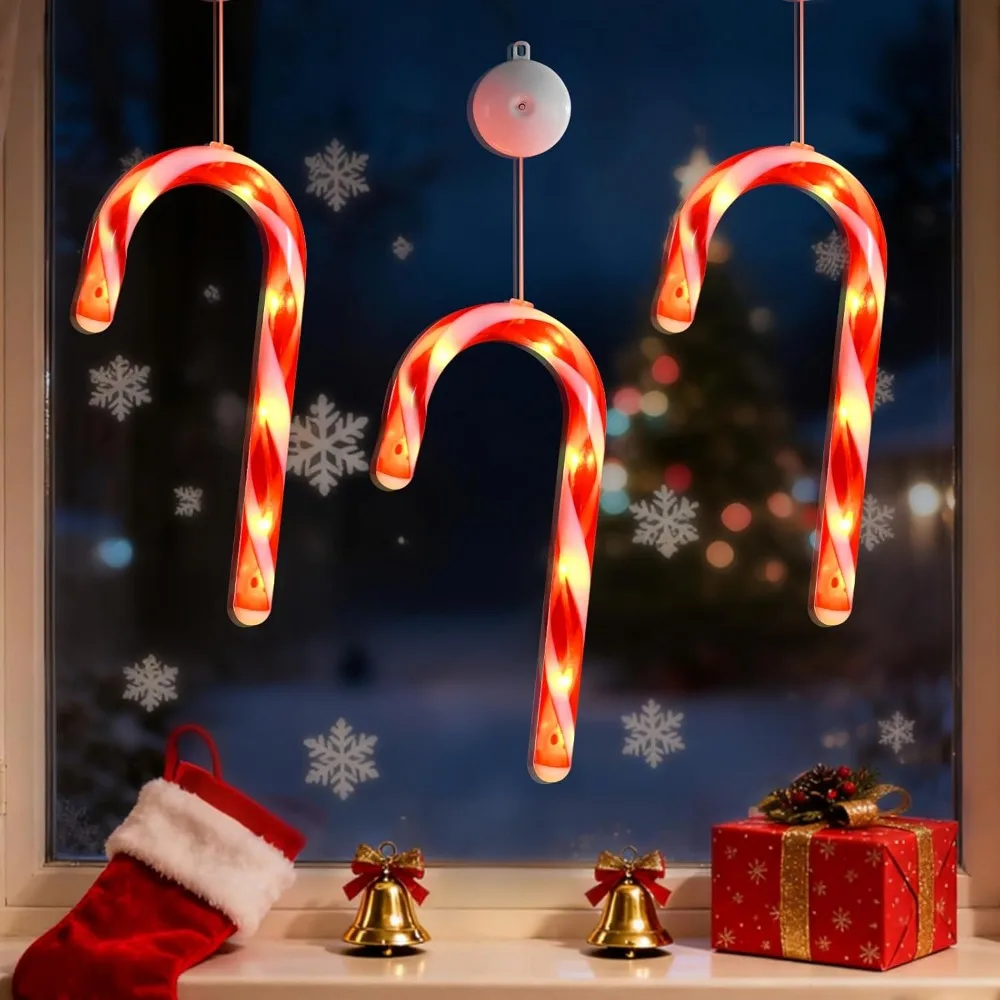 

Набор из 3 светодиодных фонарей Candy Cane с таймером — красное окно и камин, рождественский декор, присоска