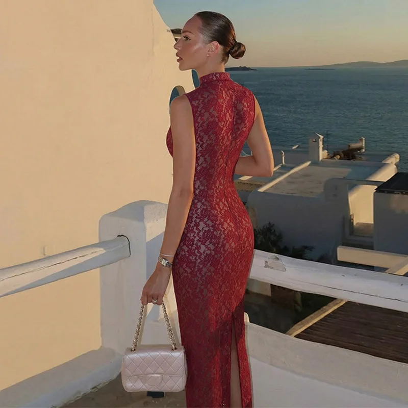 Tornova elegante oco rendas tanques vestido feminino sem mangas sexy fenda ver através do vestido longo cintura alta moda escritório senhora vestido