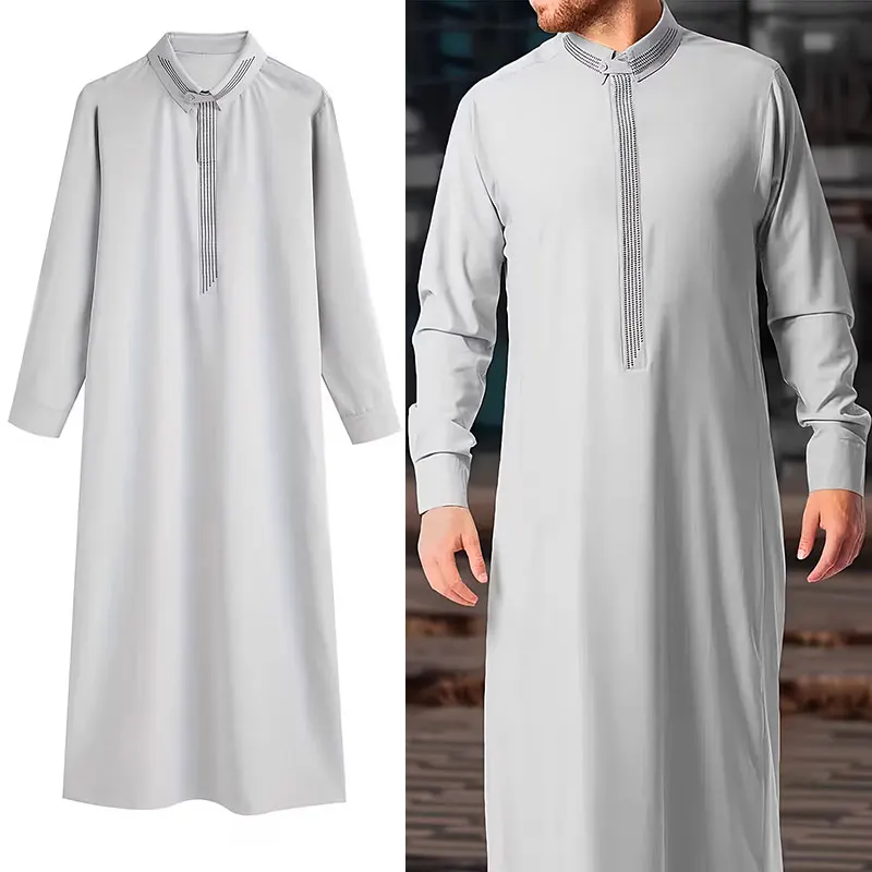 Muslim Men Thobe Arab Jubba Robe Islamic Clothes Dishdasha Saudi Arabic Long Sleeve Kaftan Turn Down Collar Embroidered Tunics