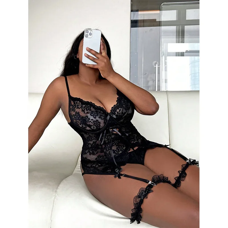 Plus Large Size Lingerie Sexy Erotic Female Transparent Hollow Out Babydoll Bodysuit Lace Set Women Bra&Panty Uniform Underwear