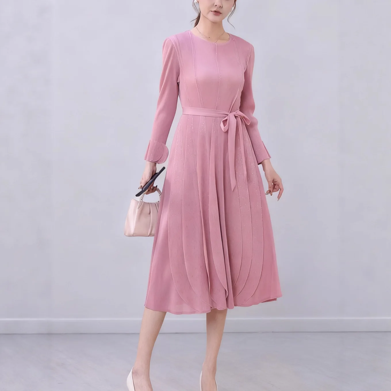 

Miyake Pleated Dress Women's Mid-length 2026 Spring and Fall Lace-up Splicing Long-sleeved A-line Skirt Small People Pleated